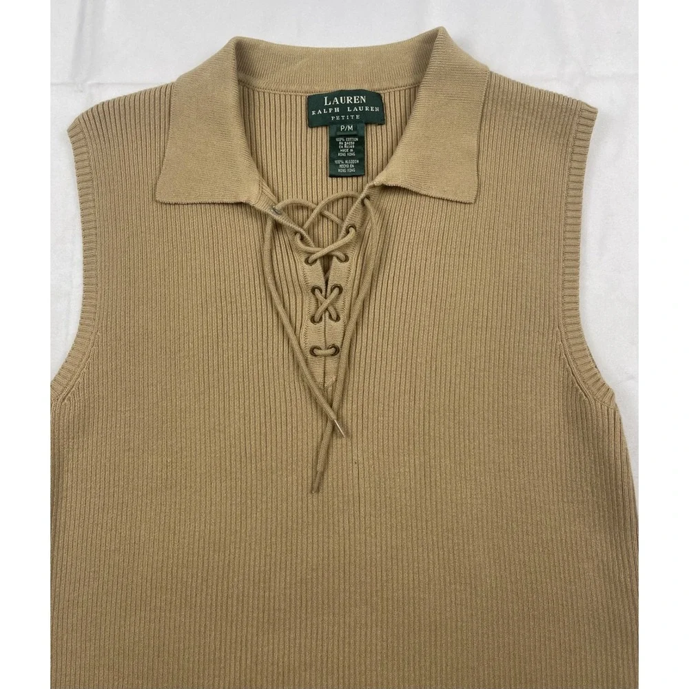 LAUREN RALPH LAUREN PETITE P/M RIB KNIT SLEEVELESS LACE UP SWEETER BEIGE COTTON